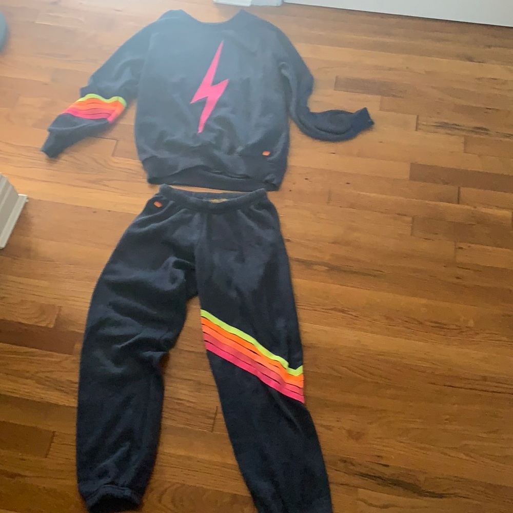 Aviator Nation Neon Chevron Bolt Sweatshirt/Sweatpant Set SIZE SMALL